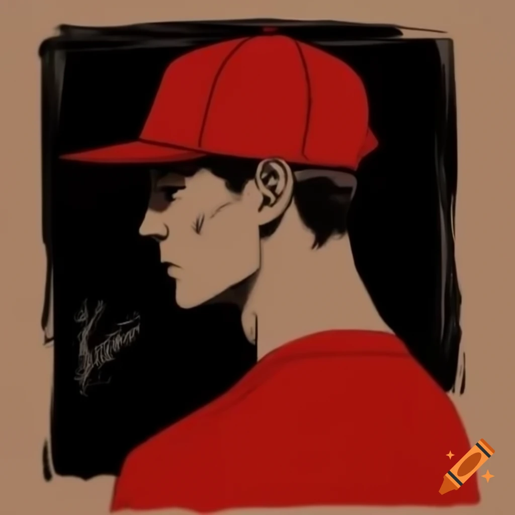 Sketch of a man in red baseball cap against black background