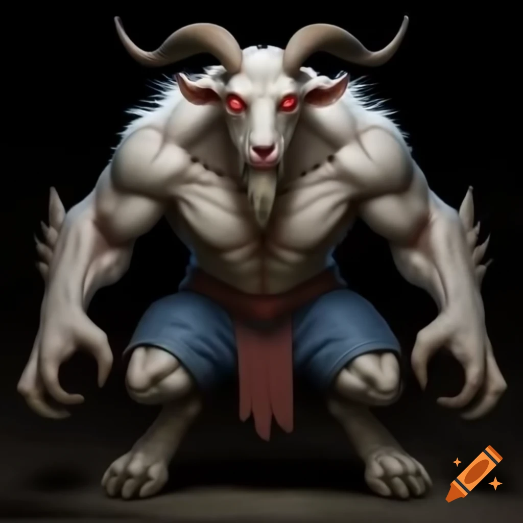 Strong goat-headed demon with large horns and muscular legs, HD realistic