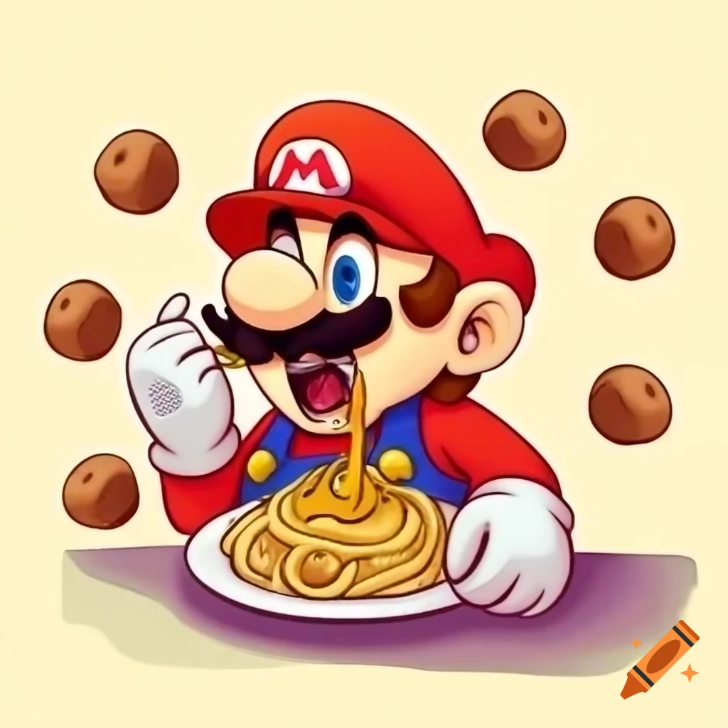 Mario enjoying spaghetti and meatballs