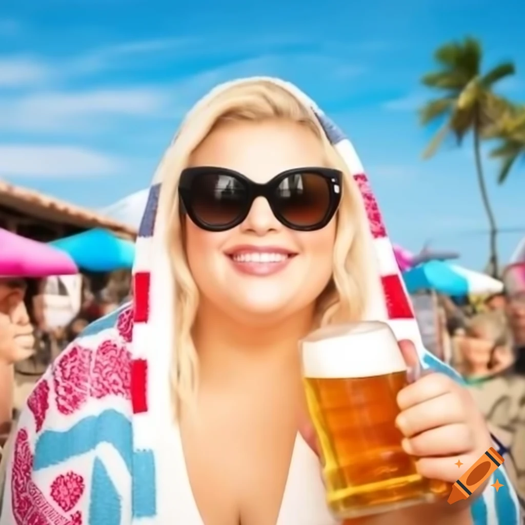 Blonde woman in sunglasses smiling on beach blanket with beer