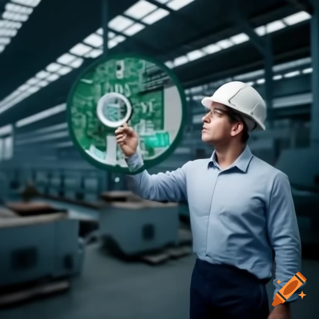 Engineer examining printed circuit board with magnifying glass in factory