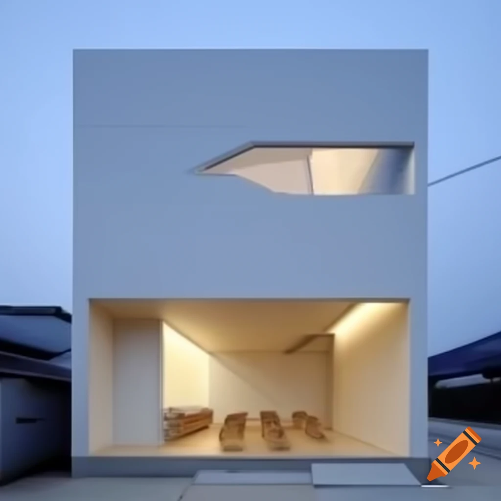 Minimalist two-story cafe with modern Korean aesthetics and geometric shapes