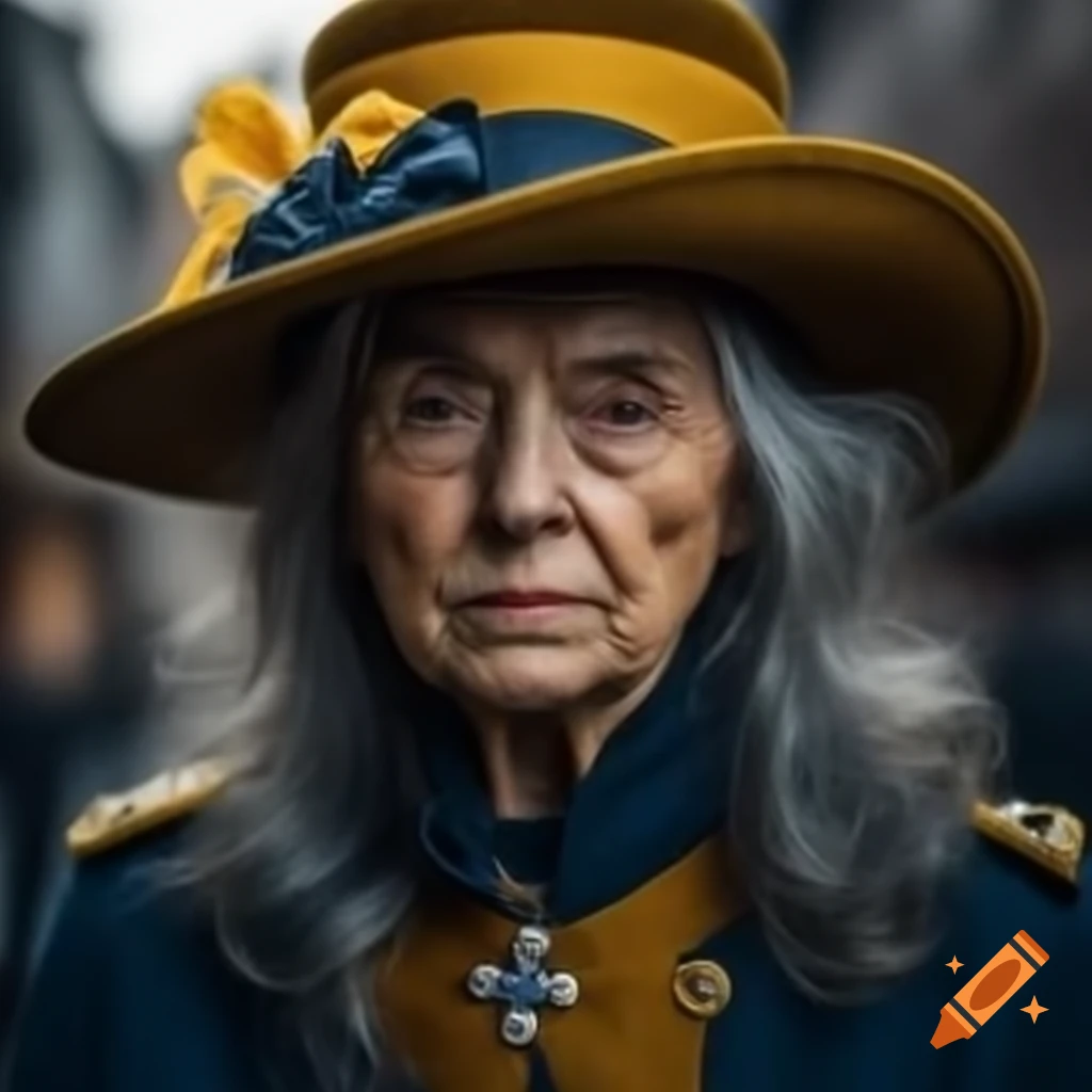 Portrait of stern German woman in yellow hat and blue jacket outdoors
