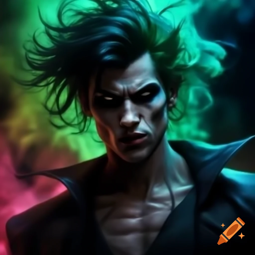 Psychedelic hyper-realistic male vampire with messy hair and green smoke in background