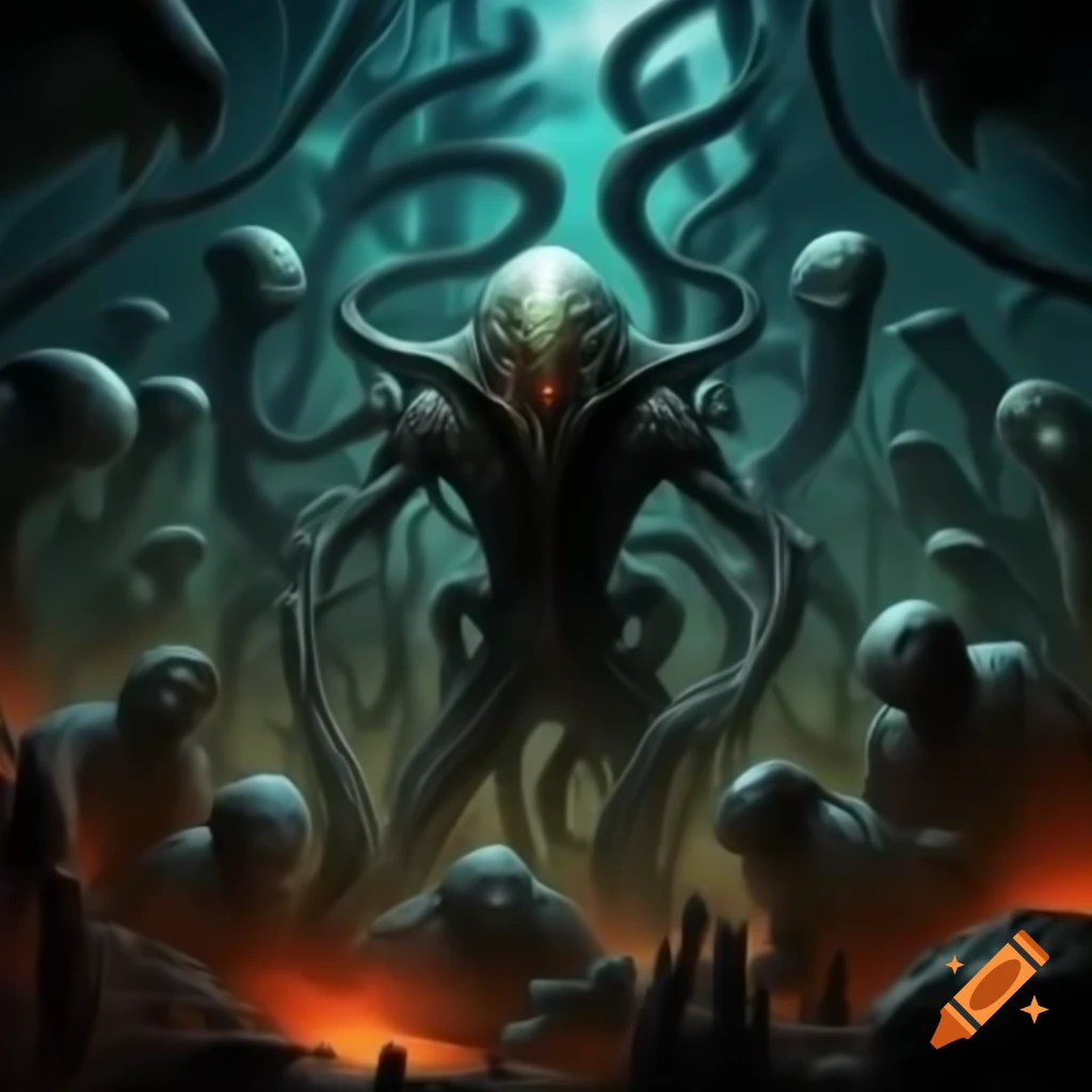 Surreal depiction of interdimensional alien demons in a futuristic hellscape