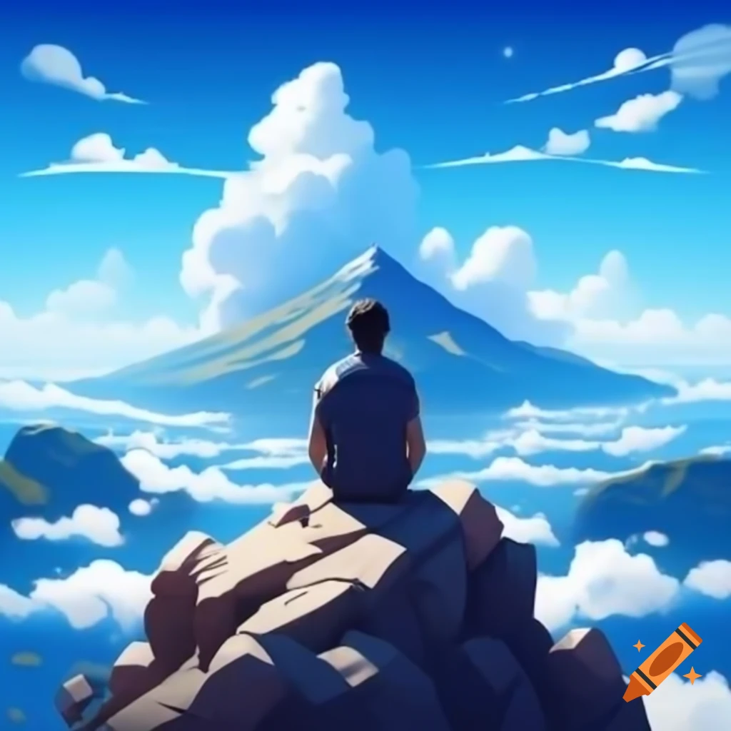 Guy sitting on mountain overlooking sea of clouds and mountains