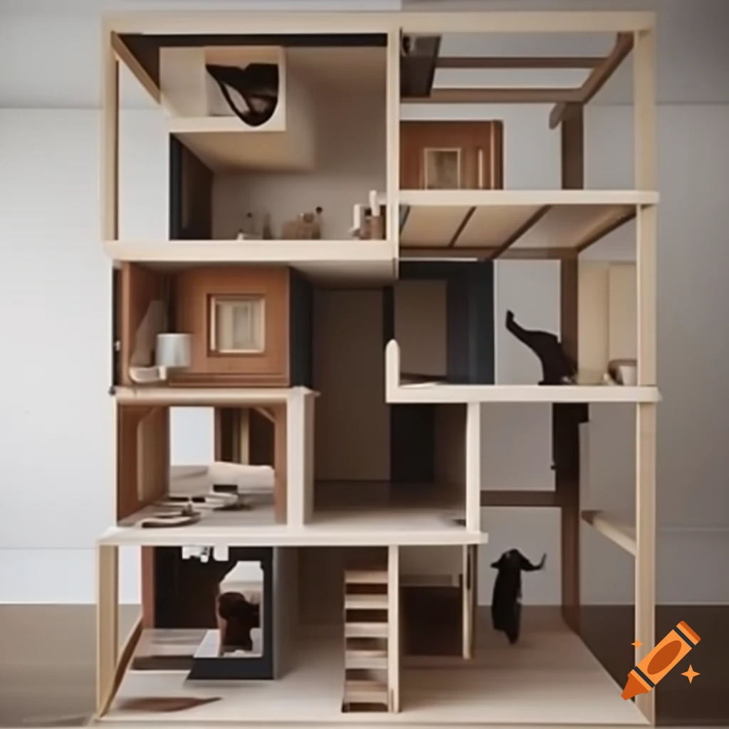 Detailed design of a modern multi-level cat house for 10 cats with ramps, hideaways, and cozy sleeping areas