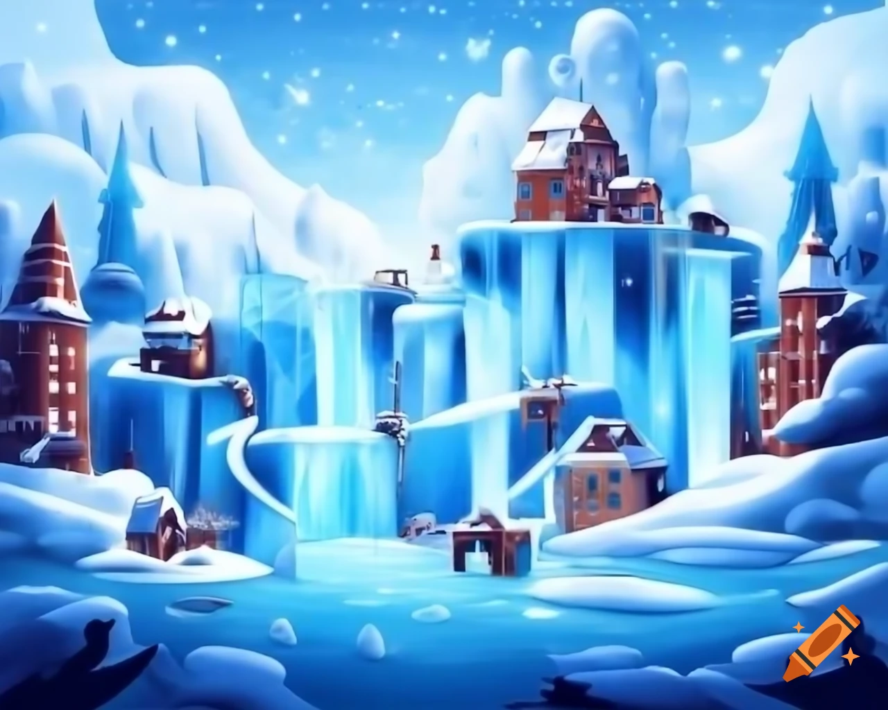 Magical ice city with ice slides and frozen rivers