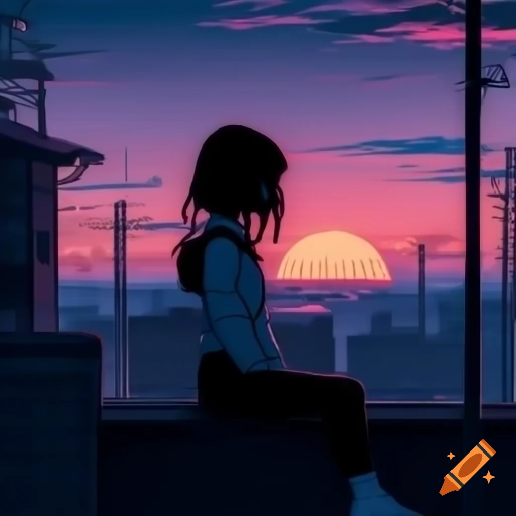Anime girl relaxing on rooftop during sunset, lofi aesthetic