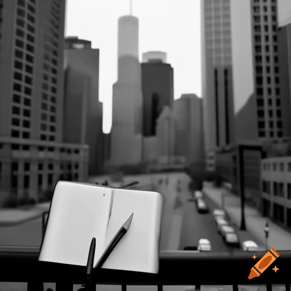 Chicago skyline with notebook and microphone on urban street