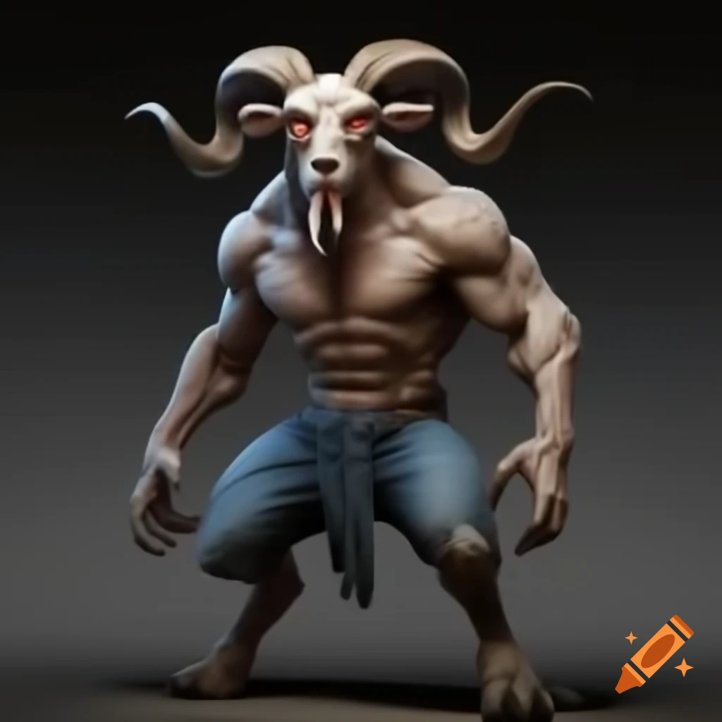 Muscular goat-headed demon with large horns and blue short jeans