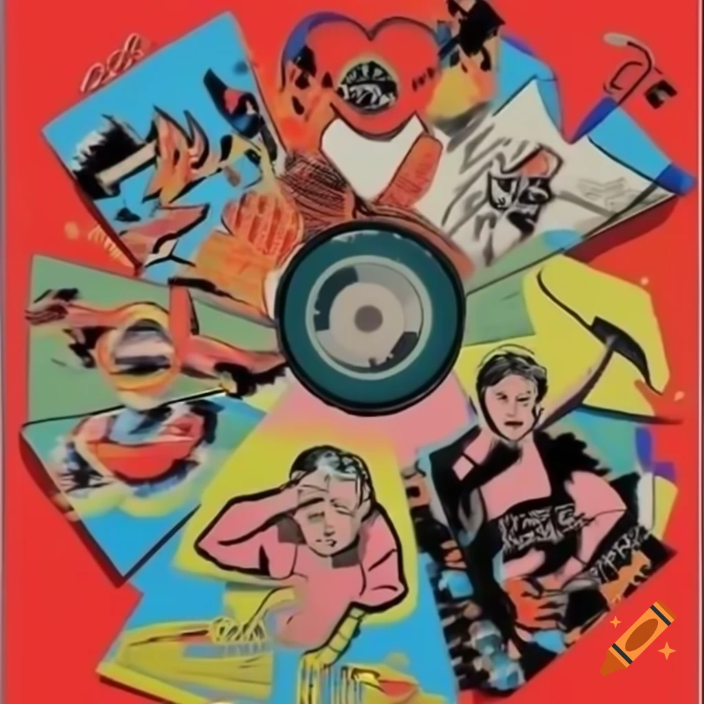 Vibrant collage album cover inspired by Peter Blake, featuring The Beatles in psychedelic pop art
