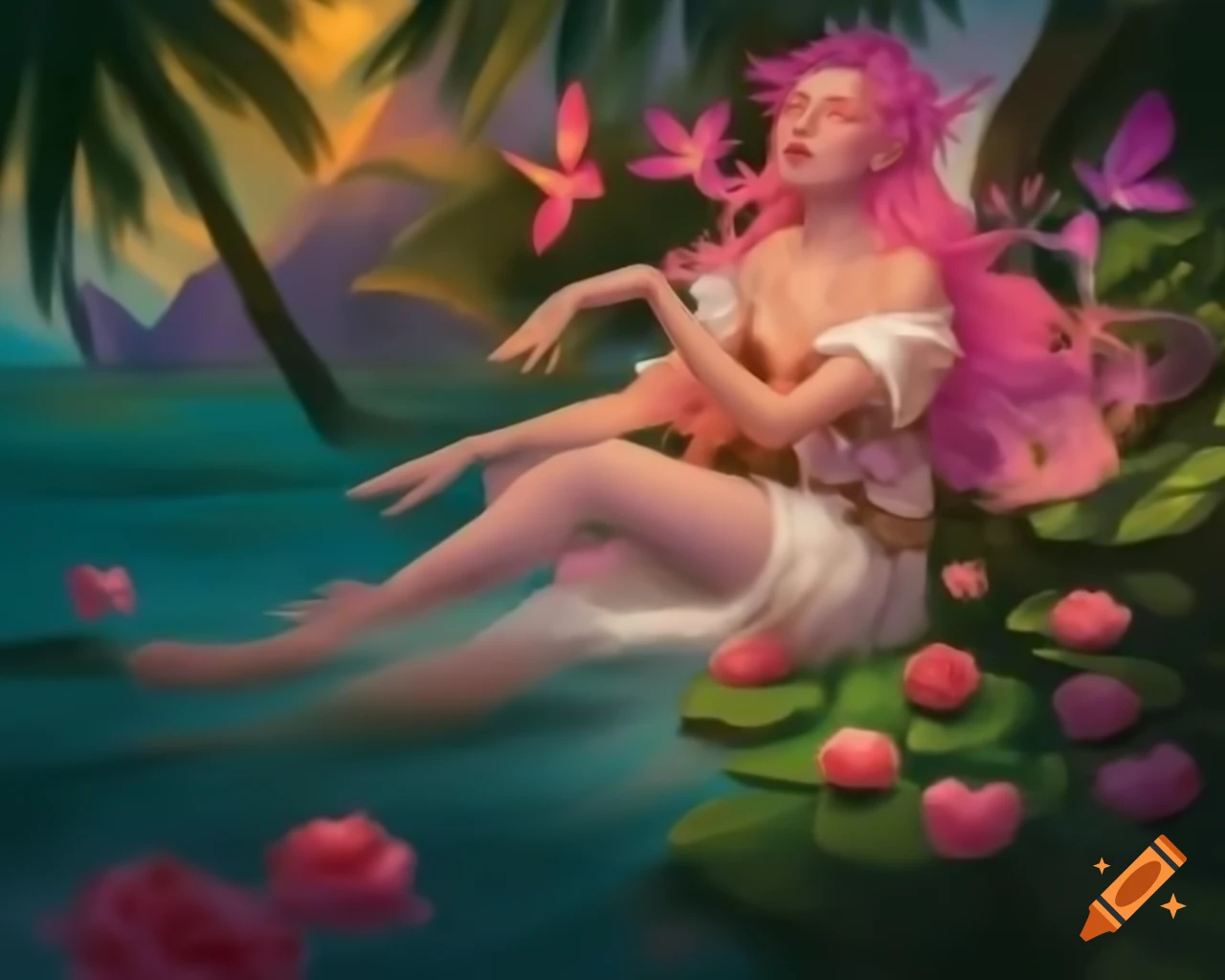 Mystical woman with surreal jeweled wig and freckled face from ancient tales