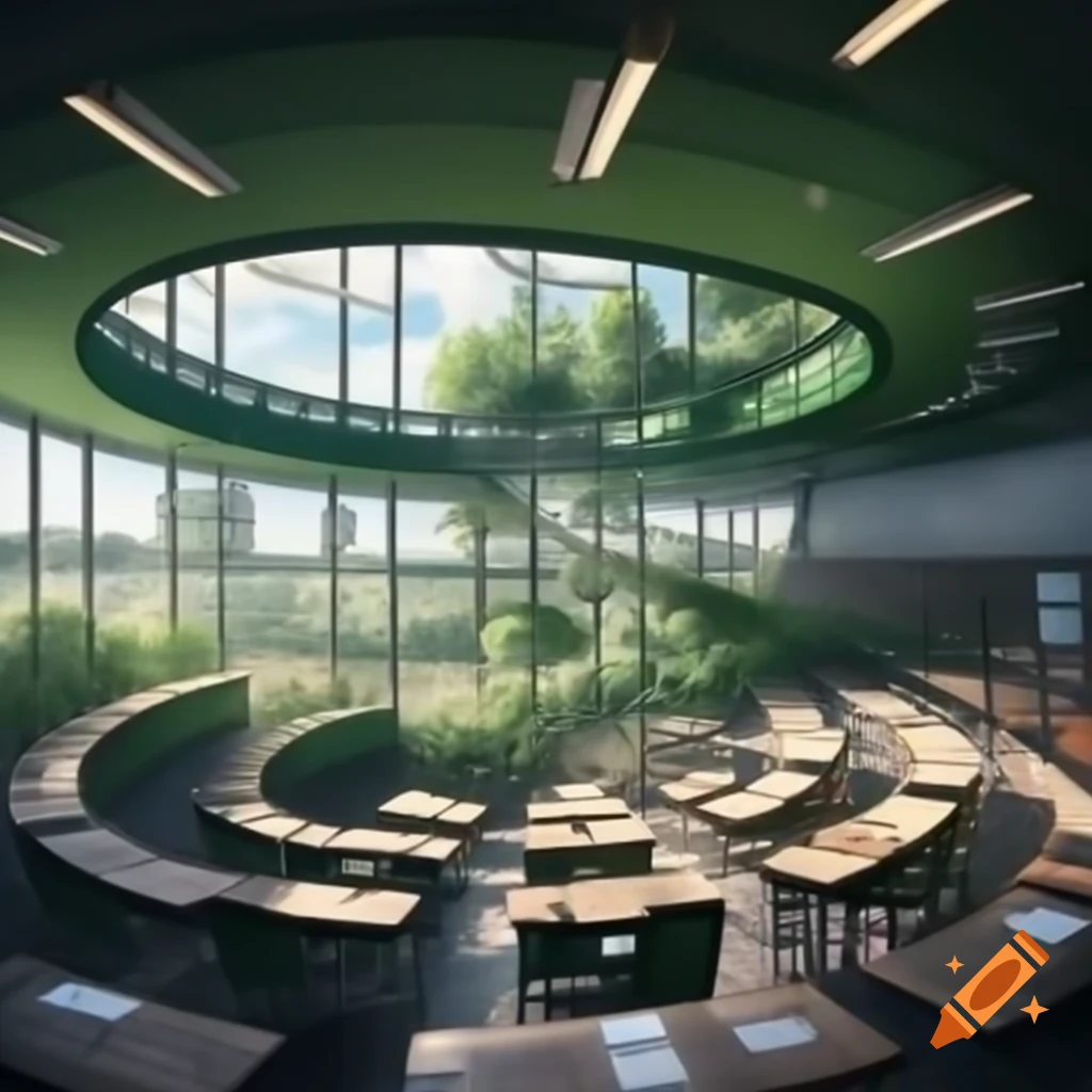 Elevated classroom featuring large oval windows and green and silver walls adorned with plants