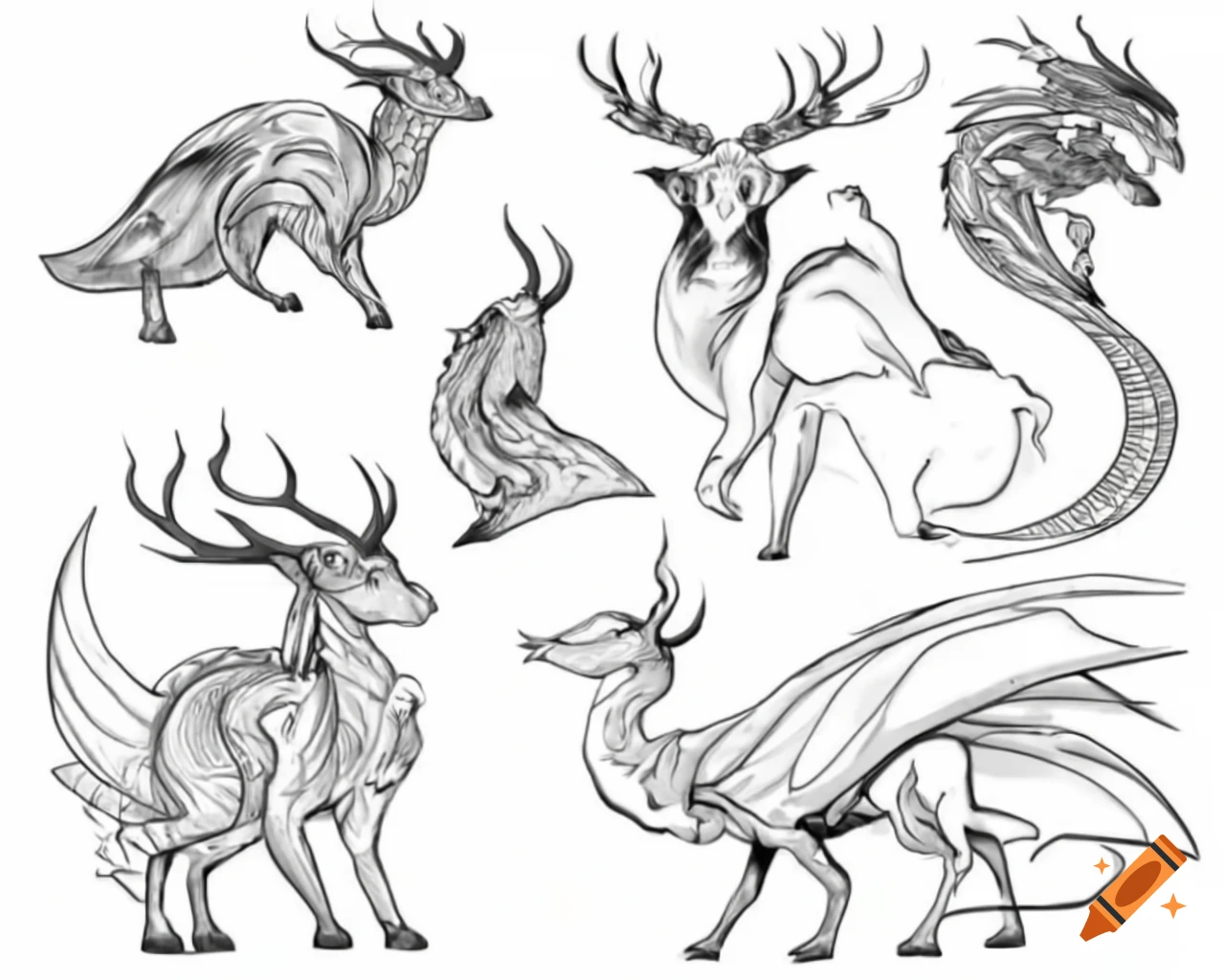 Abstract design featuring dragon and stag circling each other with strong lines in black, white, and gray