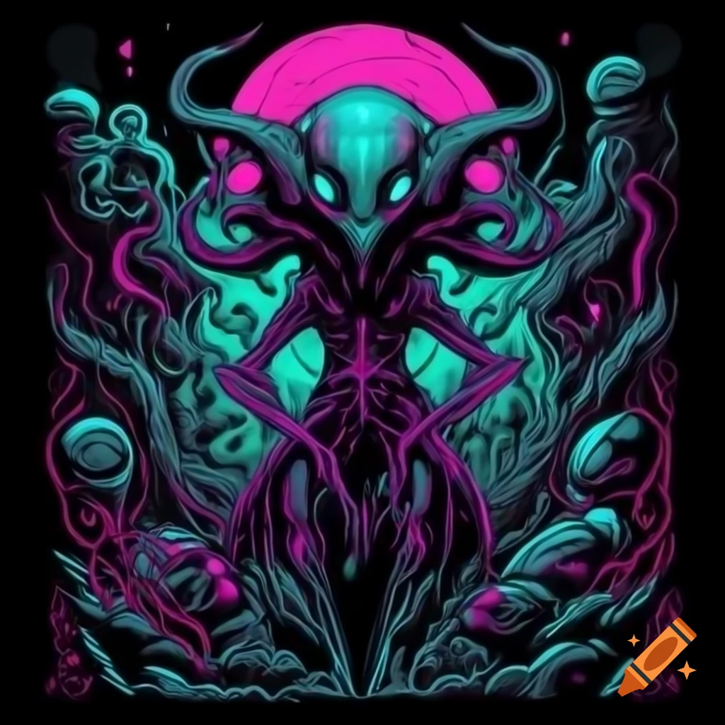 Surreal psychedelic alien demons in futuristic hellscape neon poster