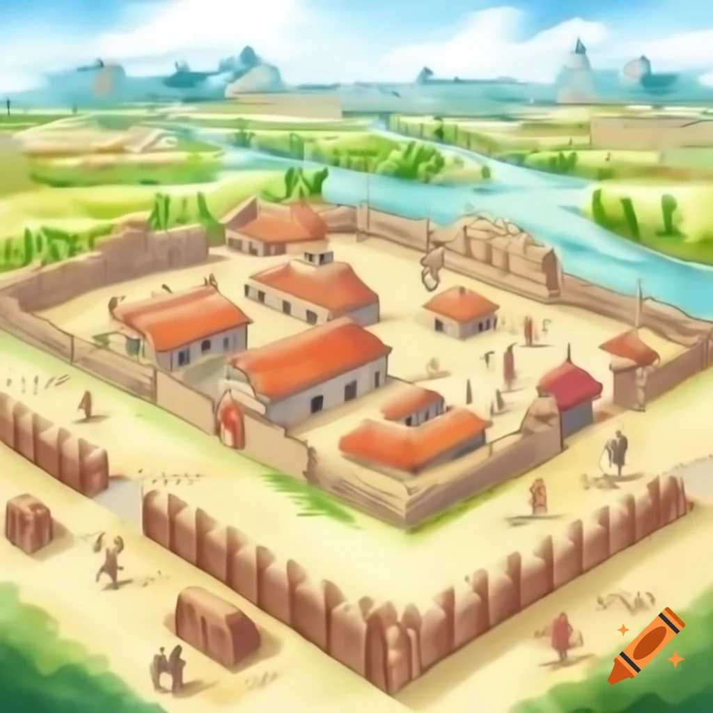 Medieval civilization sketch featuring bustling town center and marketplace