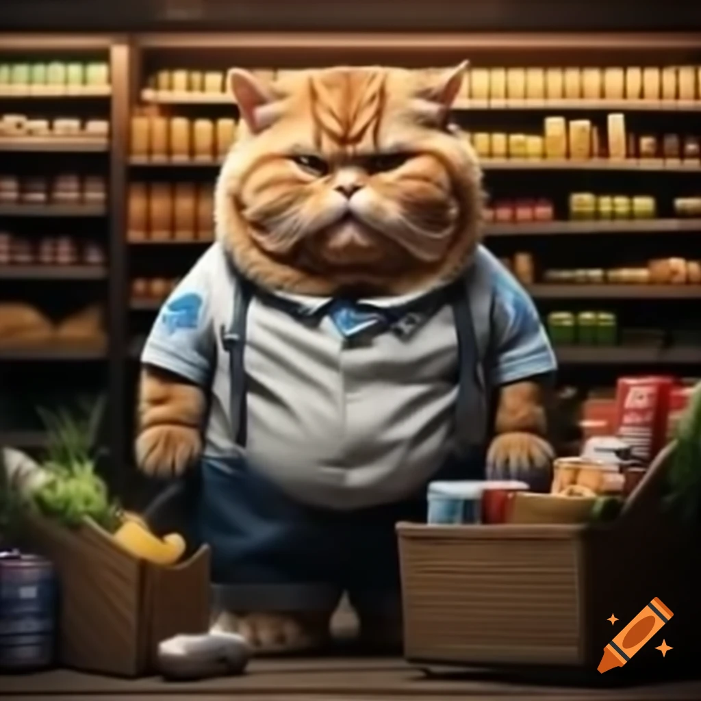 Cat in grocery shop looking sad while being bullied by other cats