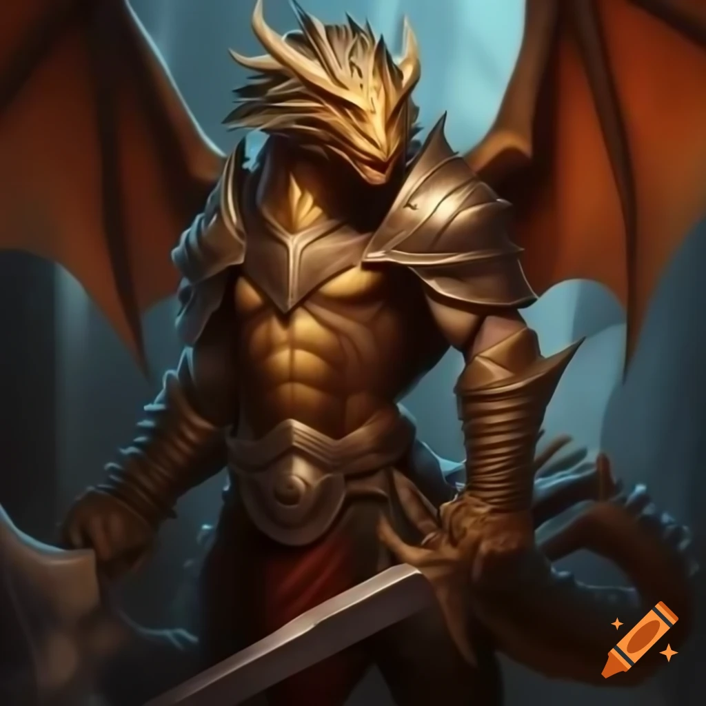 Humanoid dragon from Dragonborn race, male, tall and shiny features