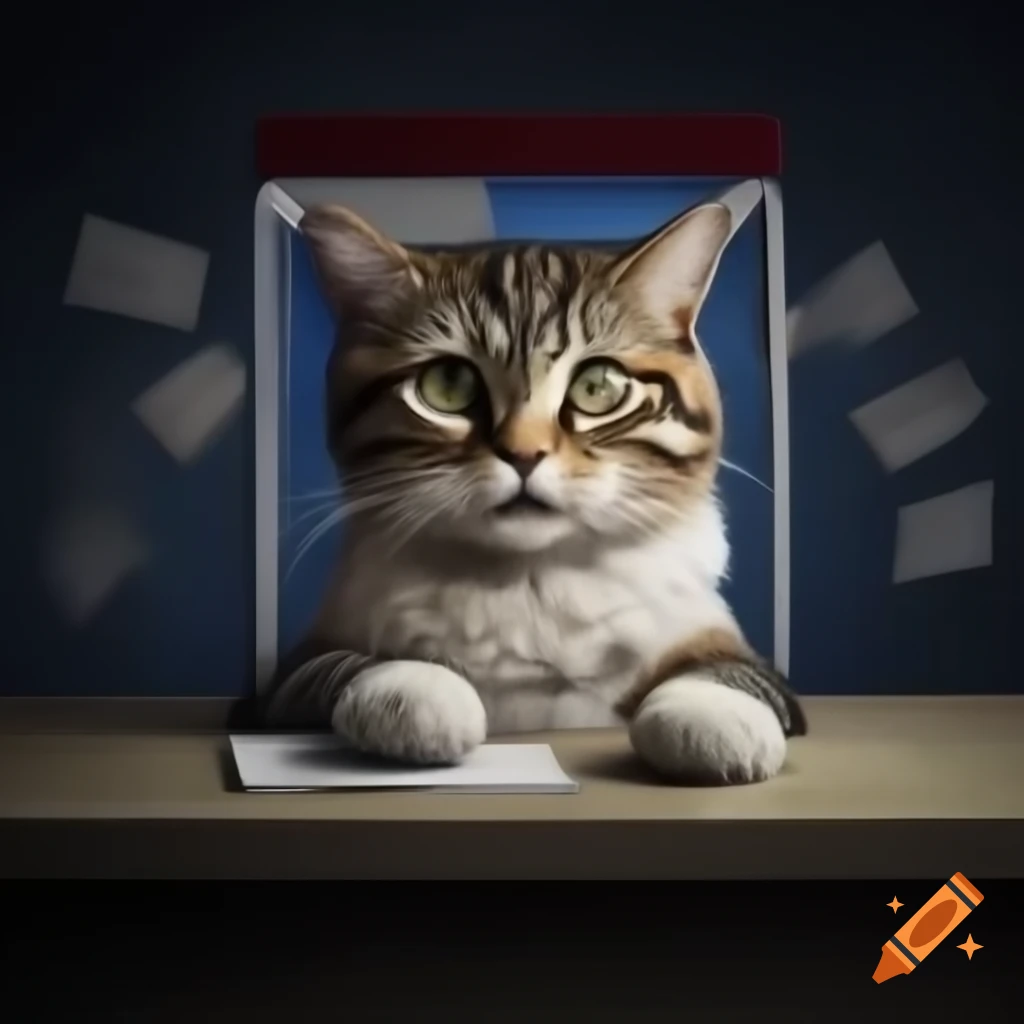 Startled feline in voting booth, looking confused by election candidates