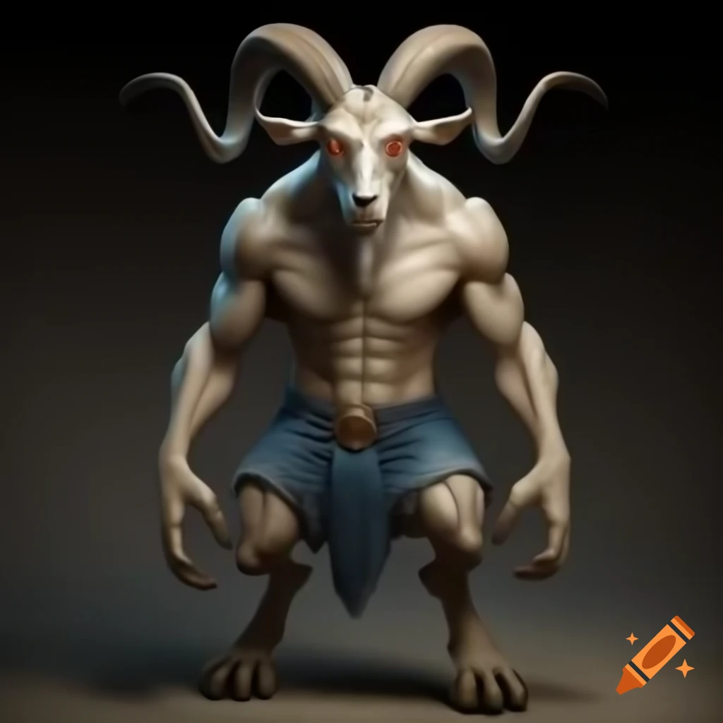 Muscular goat-headed demon in standing posture, wearing blue short jeans, HD realistic