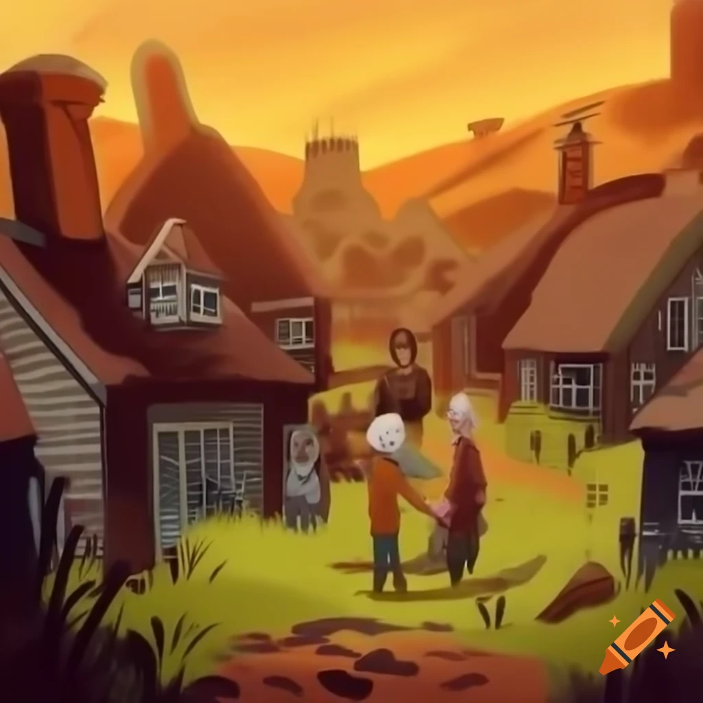 Cartoon illustration of UK rural village in apocalypse with ruined cottages and frightened elderly