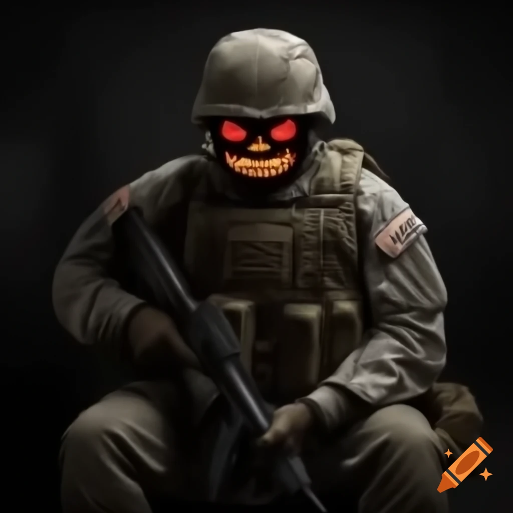Angry soldier sitting with mask and holding weapons