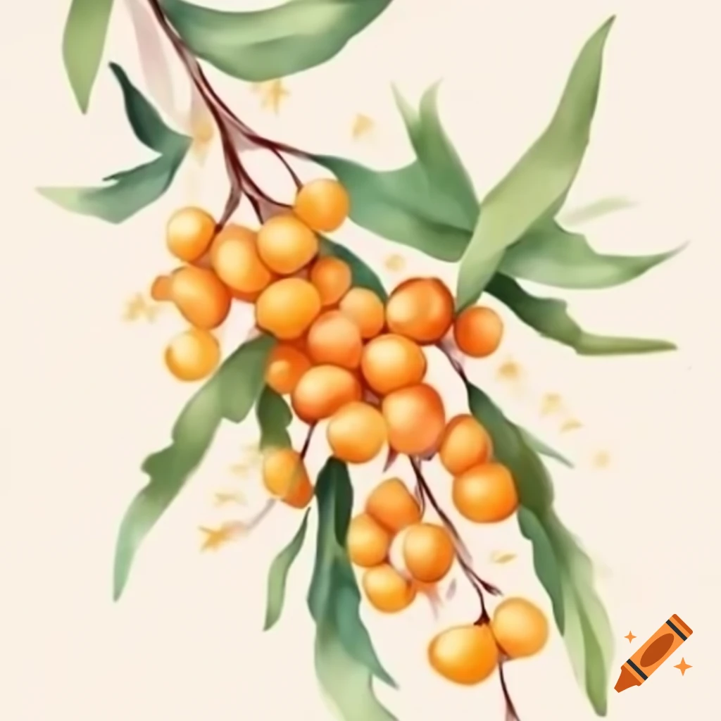 Watercolor sketch of sea buckthorn branch with berries in pastel tones