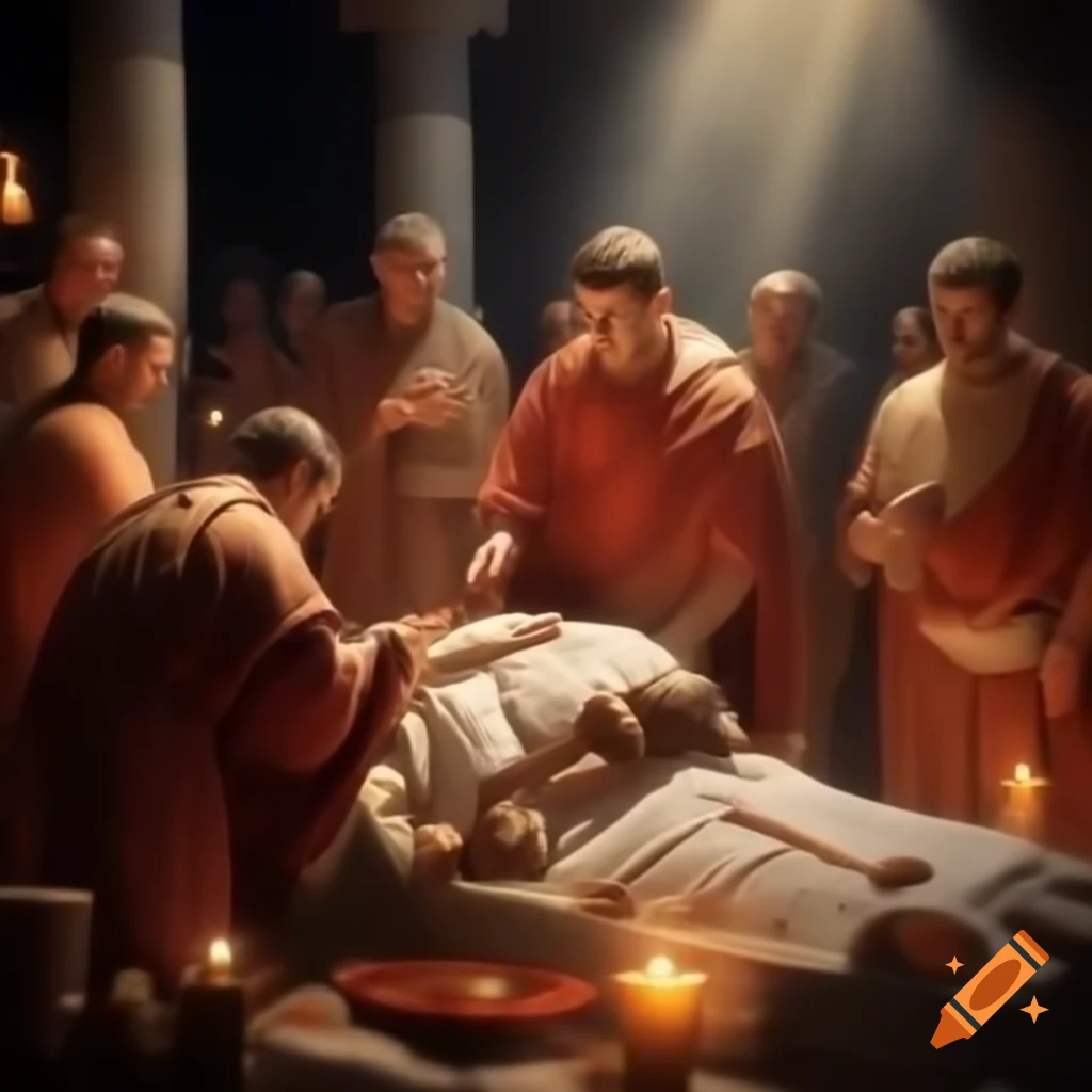 Roman priests performing ritual at ancient tomb, applying symbols with brush