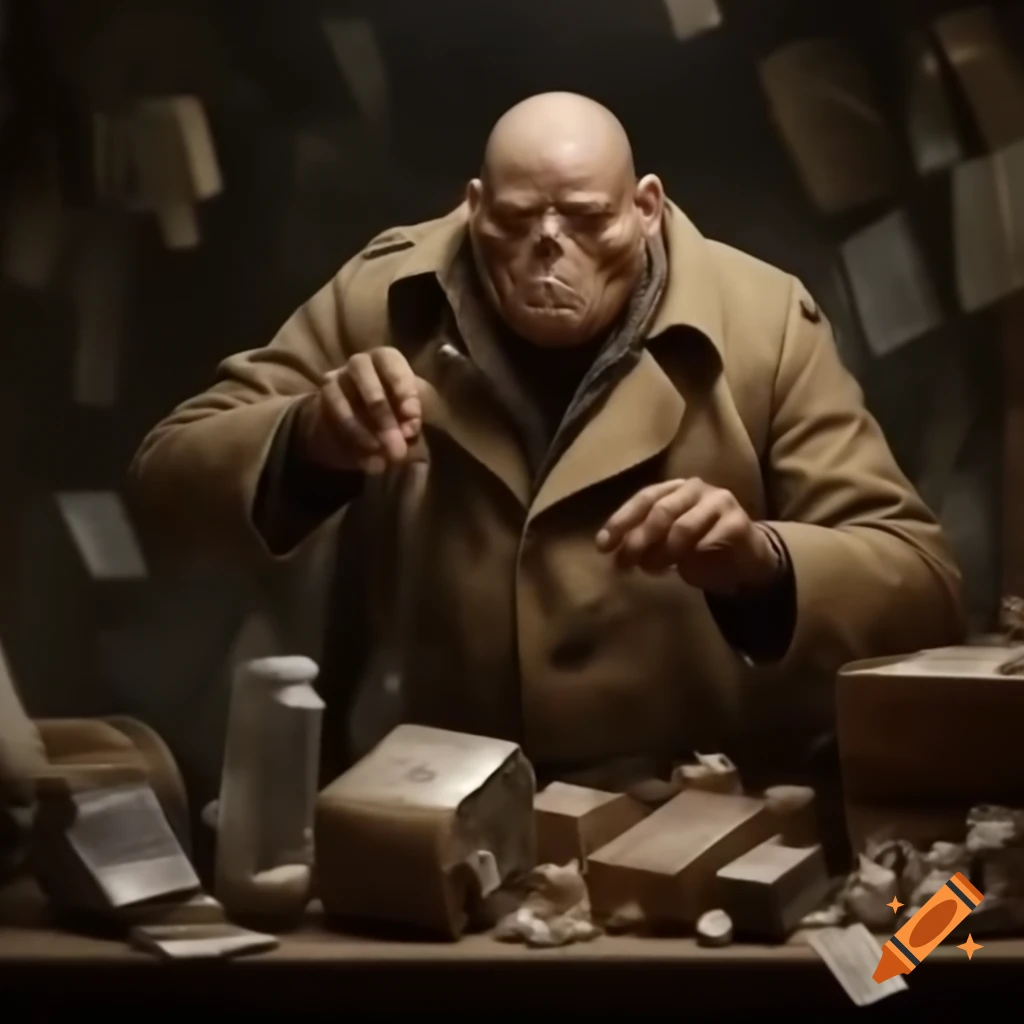 Shifty man in trenchcoat selling items in a dark alley