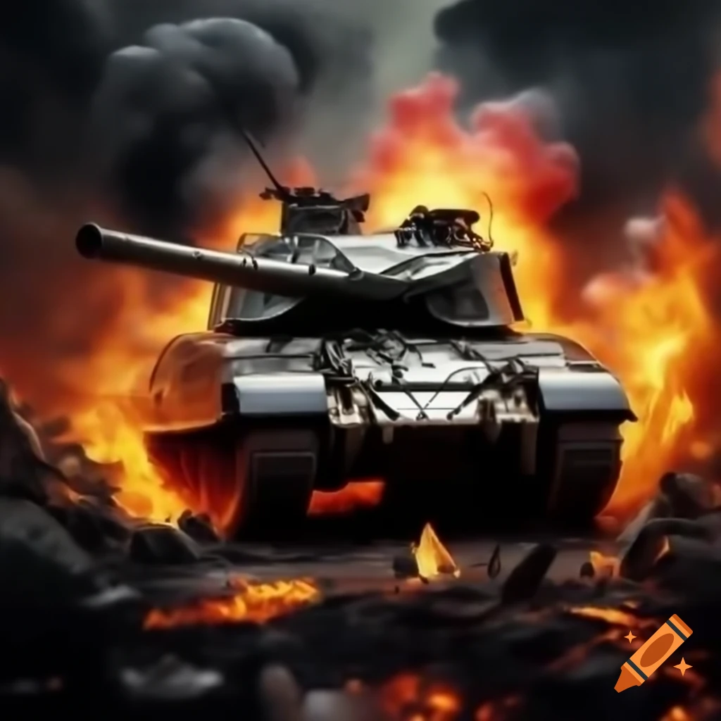 Tank racing through flames with intricate camouflage and geometric shapes