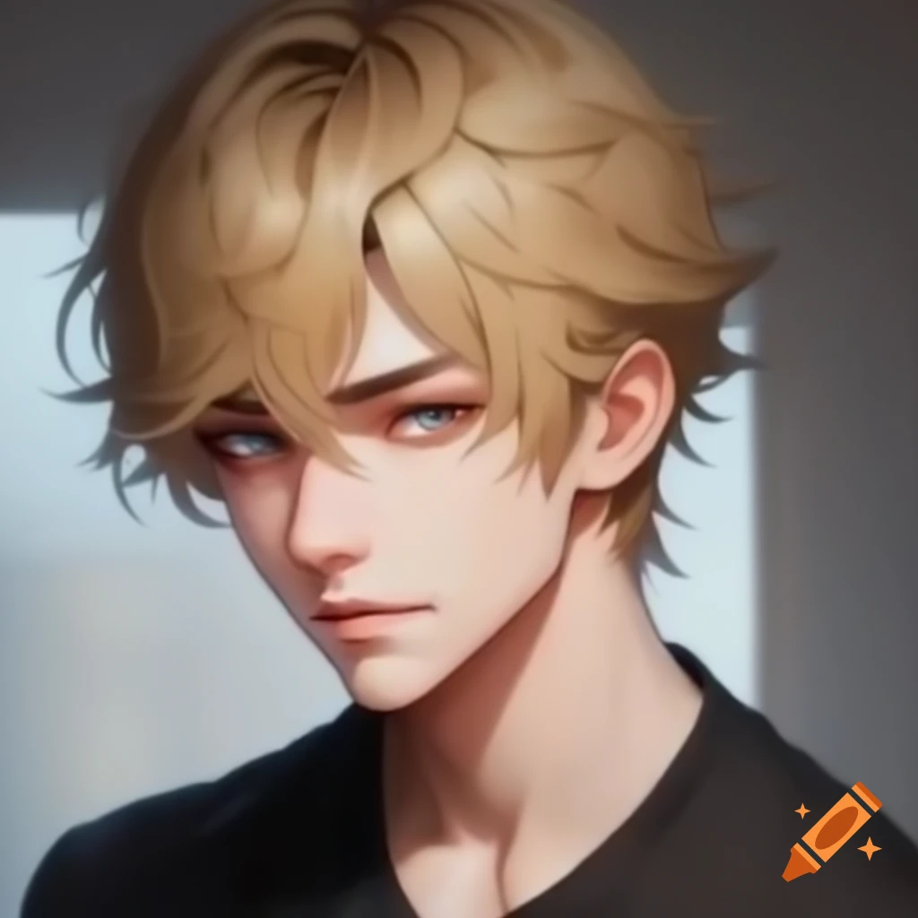 Anime character with short wavy blonde hair and glowing outline, wearing comfortable clothes