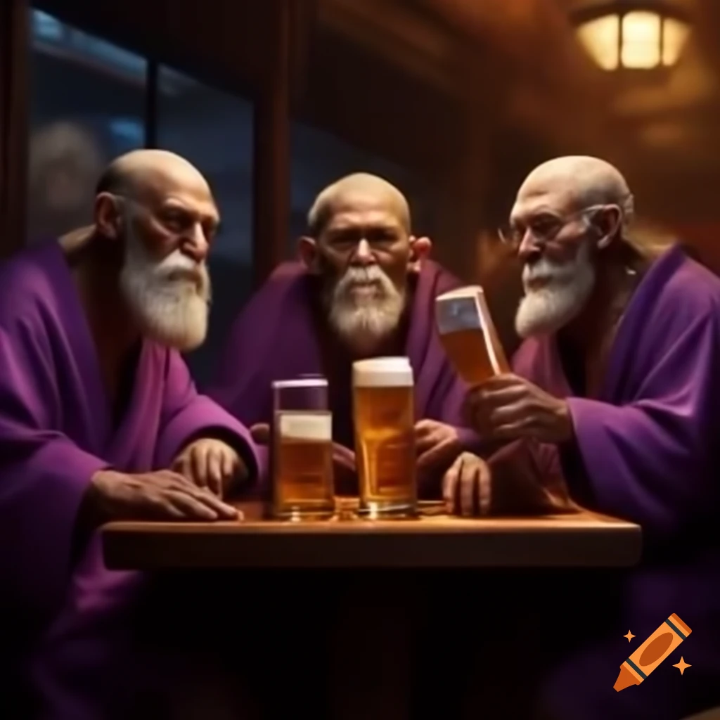 Wizards in purple robes celebrating in a tavern with beer mugs