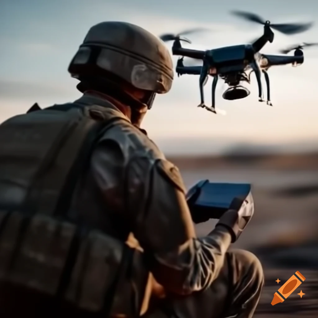 Soldier operating a drone with a controller