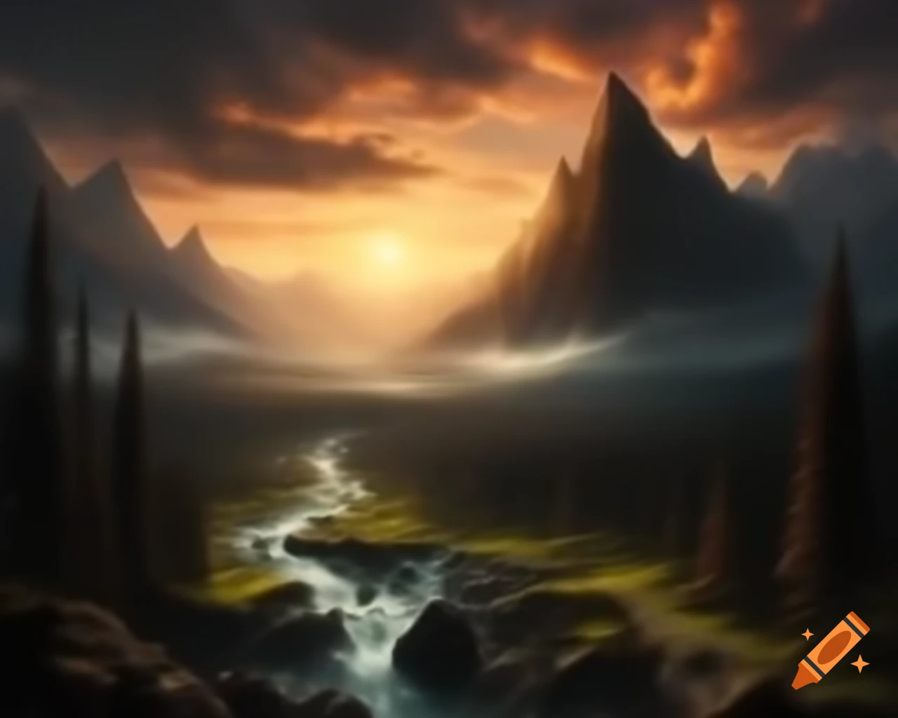 Majestic mountain range towering above a winding river