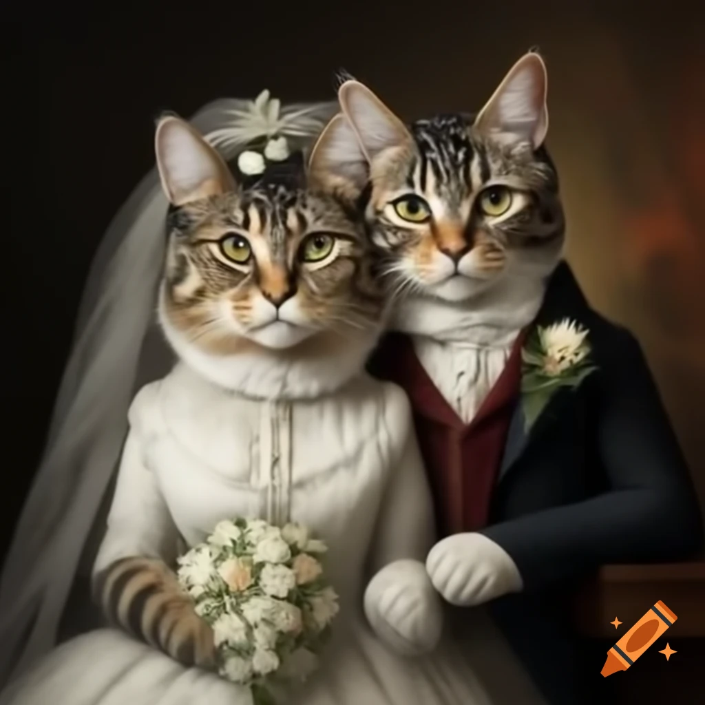 Colonial-themed tabby cats as bride and groom