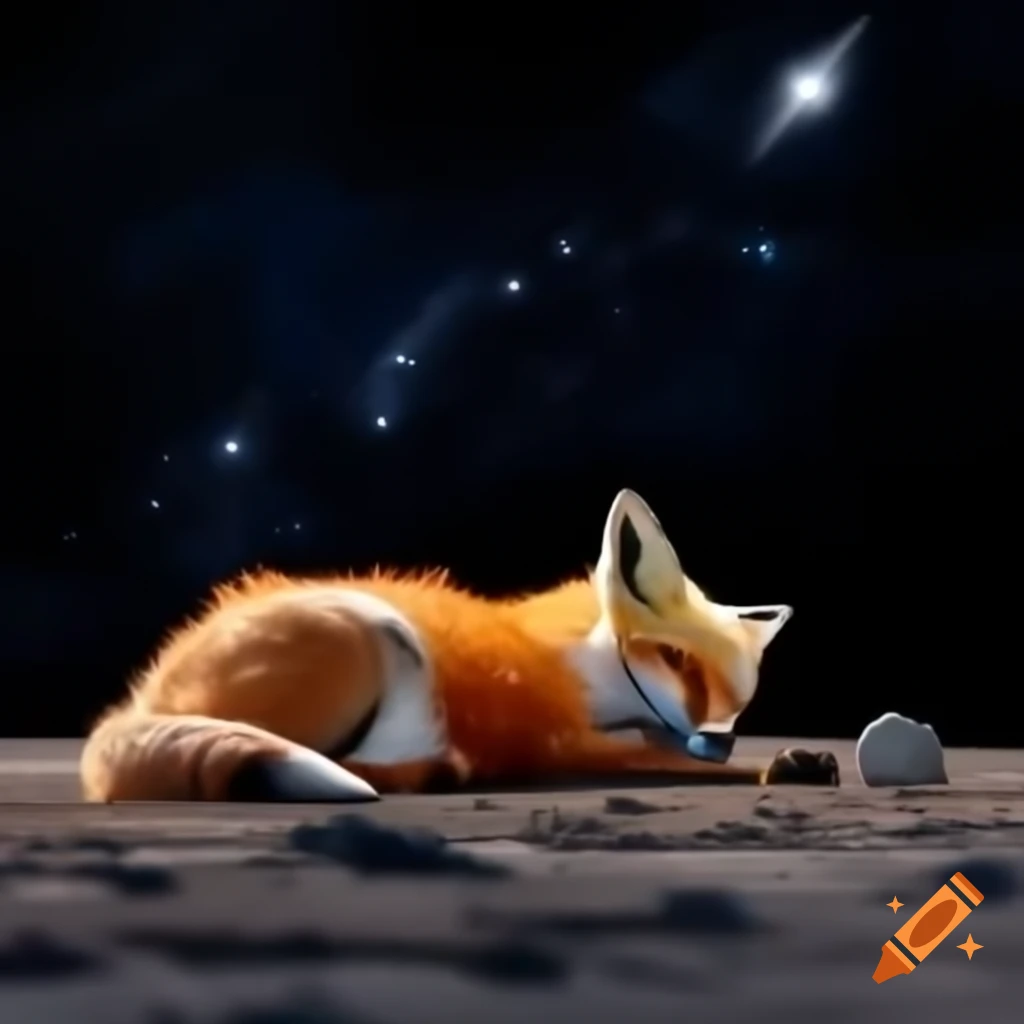 Emotional scene of Pilot Felix, an orange fox, curled up on ground in comfortable pose