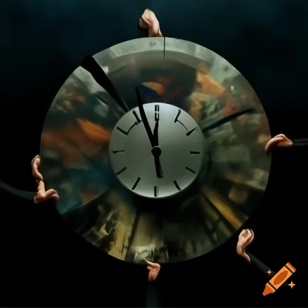 Album cover featuring wrecked clock with askew hands symbolizing paused time