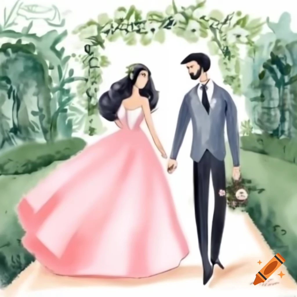 Bride in off pink dress and groom with dark hair walking in garden, watercolor style