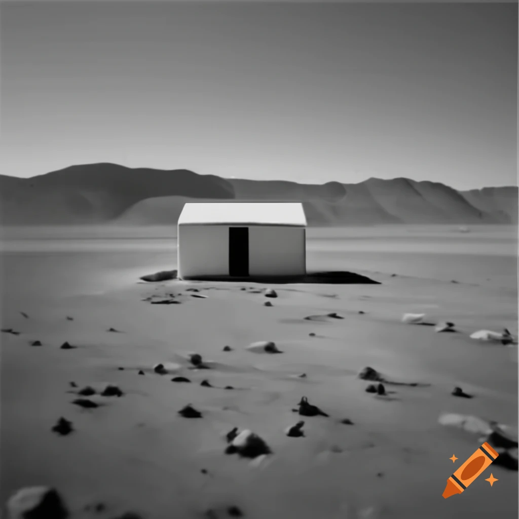 Solitary stark-white flat-roofed cabin in a dry rocky environment