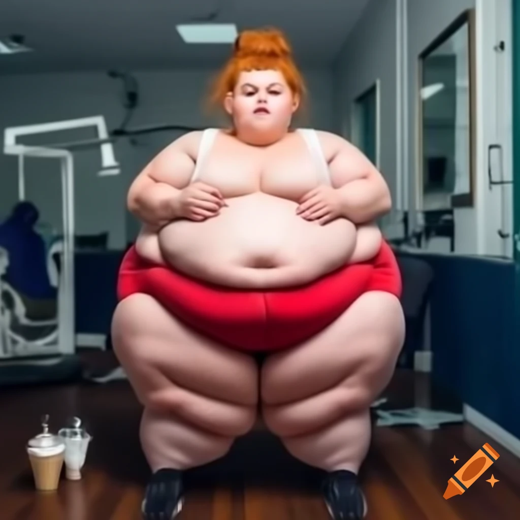 Curly ginger-haired woman dentist in gym squatting and eating ice cream