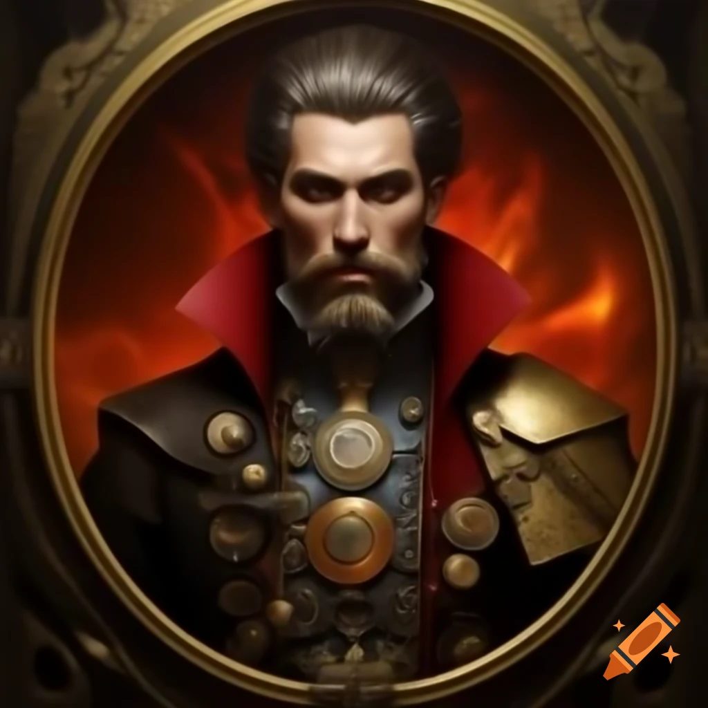Steampunk emperor portrait with gold clock amulet and crimson cape