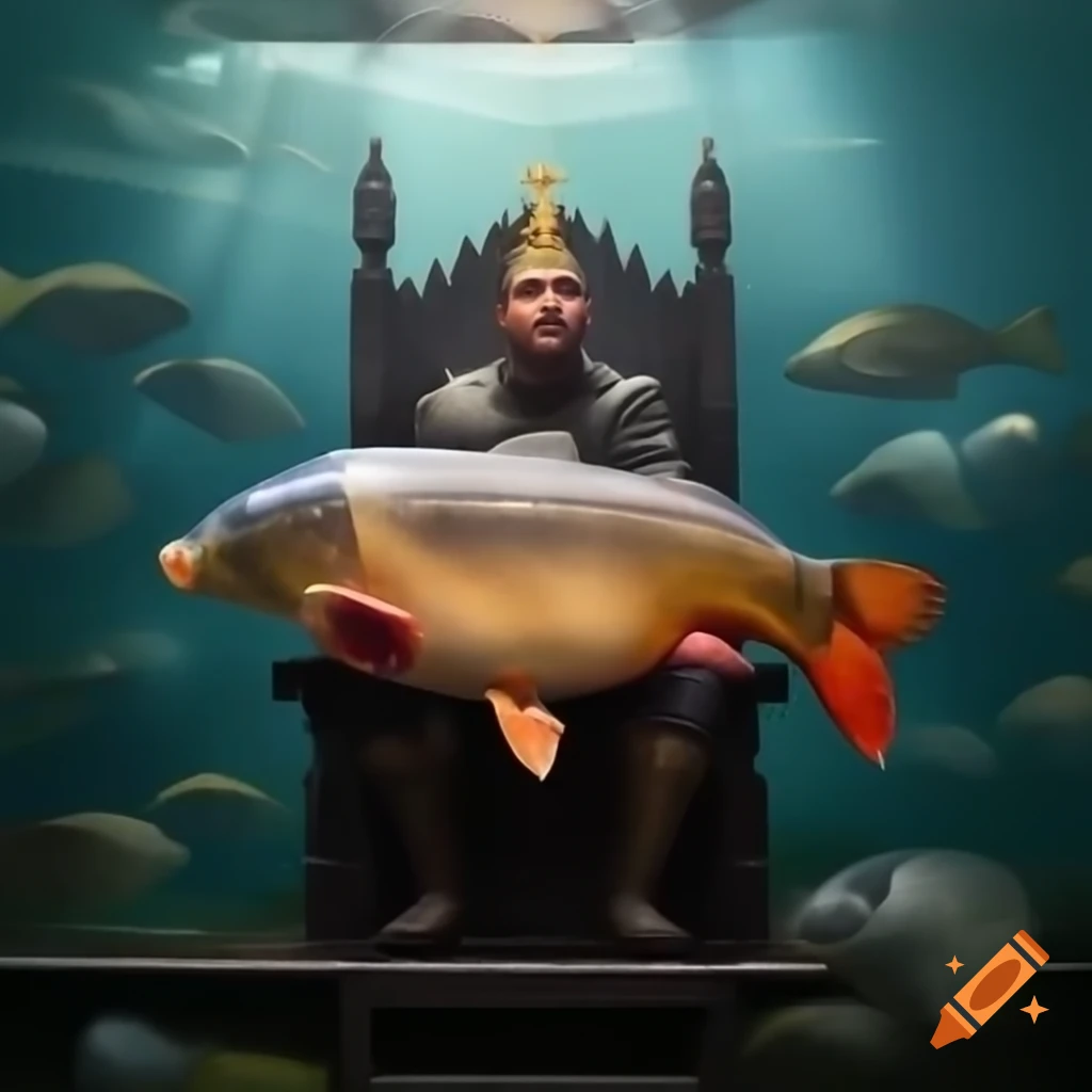 Carp wearing a crown on a throne surrounded by other fish