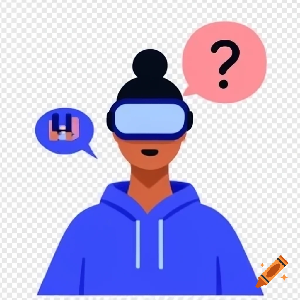 Flat design of woman in blue hoodie and VR headset with question mark in speech balloon