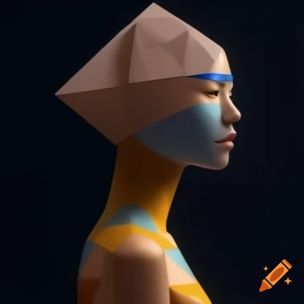 Surreal human with geometric head and smooth forms against simple colors