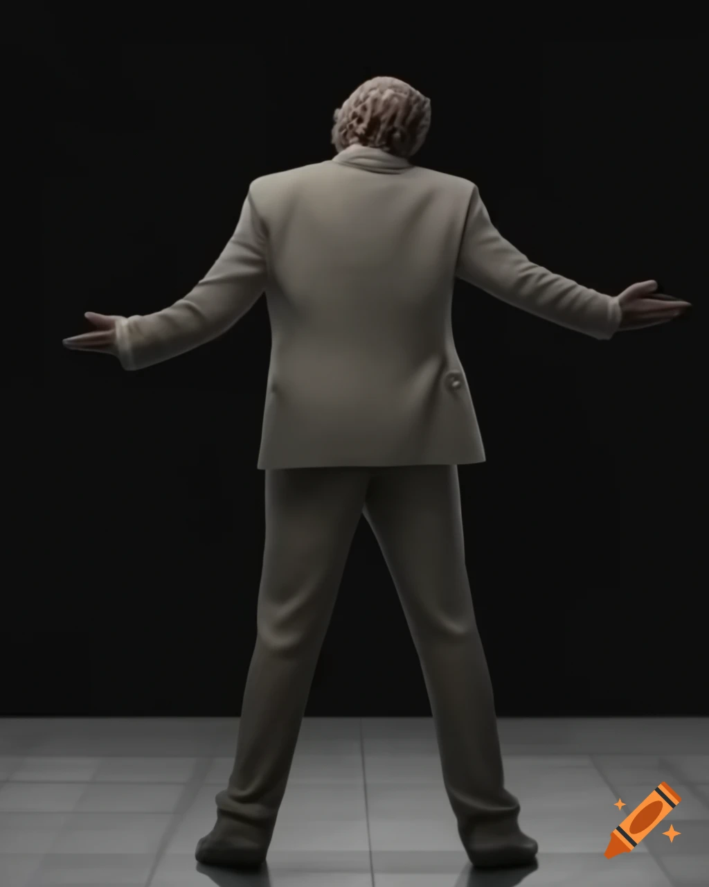 Obnoxious man in disheveled suit making animated gestures against black background