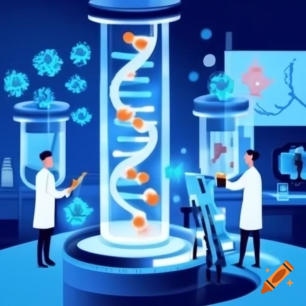 Researchers exploring innovations in pathology laboratory with test tubes and DNA structures