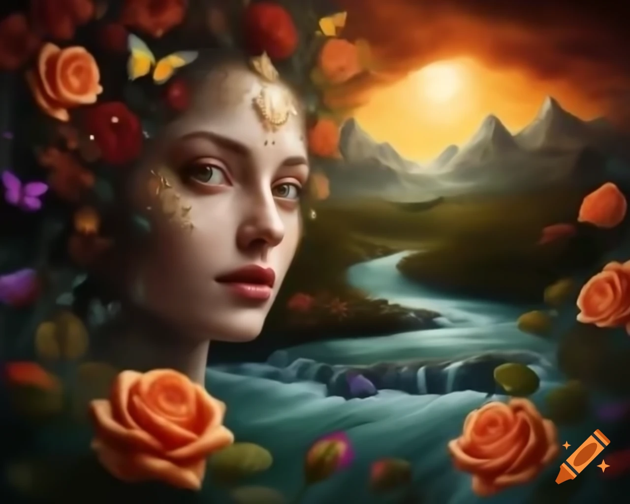 Hyper realistic depiction of a beautiful woman with golden hair in a dreamlike setting