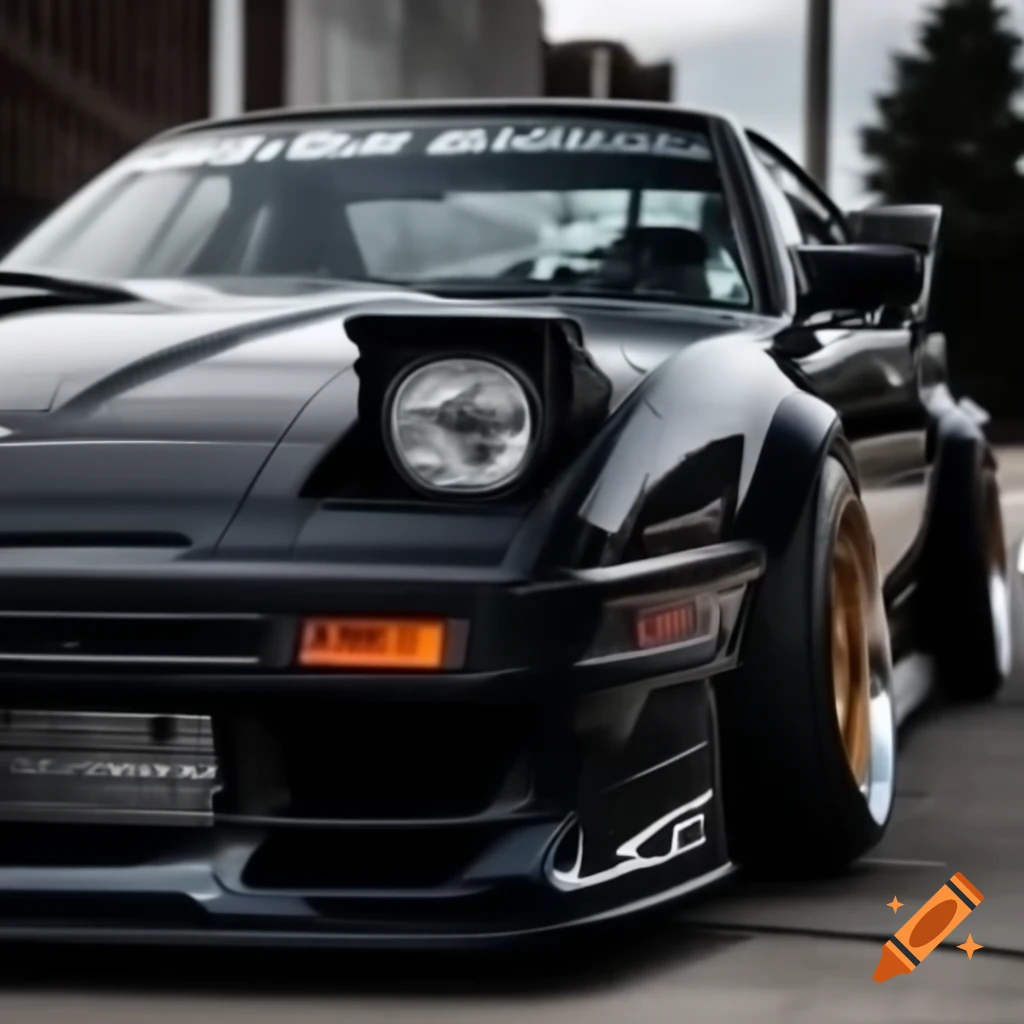 Front view of a black 1984 Mazda 929 with flip-up headlights and carbon fiber mini-wing