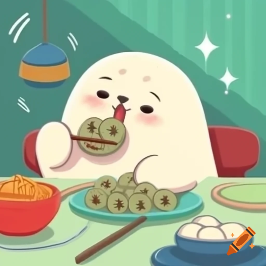 Cute seal enjoying dumplings